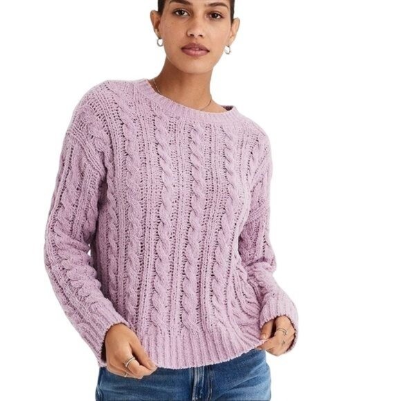 American Eagle Outfitters Sweaters - AEO Impossibly Soft Lilac Purple Cable Knit Sweater Large Crew Neck Pullover